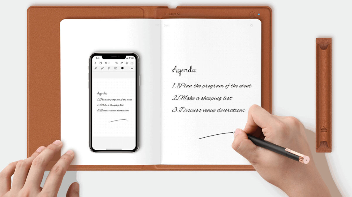 Tablet graficzny HUION Note X10 elegancka skórzana okładka wymienne kartki papieru pióro Huion Scribe drugiej generacji PenTech 3.0 bezbateriowa technologia EMR 8192 punkty nacisku rozdzielczość 5080 LPI wykrywanie kąta nachylenia do ±60°