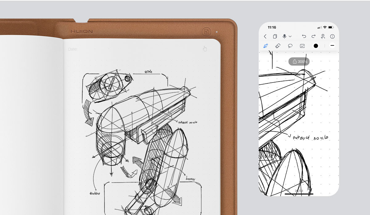 Tablet graficzny HUION Note X10 aplikacja Huion Note Android iOS zakreślacze gumka narzędzie zaznaczania synchronizacja udostępnianie notatek Bluetooth 5.0 nagrywanie dźwięku