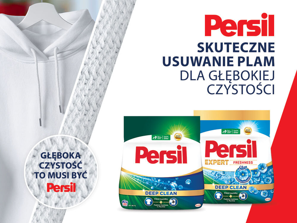 Proszek do prania PERSIL Reklama proszku Persil. Po lewej stronie powieszona na wieszaku biała bluza. W okręgu tekst: Głęboka czystość to musi być Persil. Po prawej dwa opakowania proszku Persil. Nagłówek: Persil skuteczne usuwanie plam dla głębokiej czystości