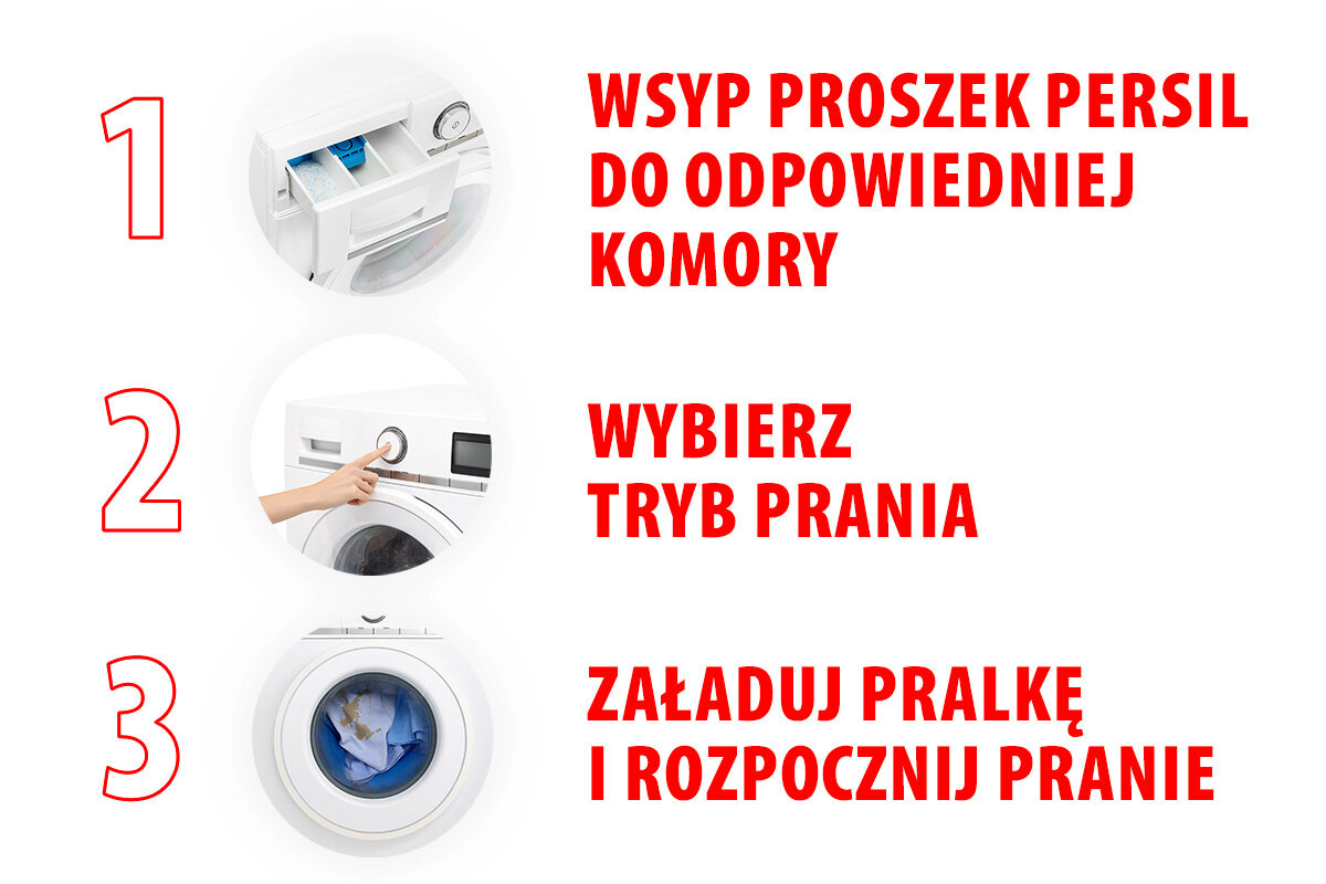 Obraz przedstawia trzy kroki prania z użyciem proszku Persil. Tekst: \'1. WSYP PROSZEK PERSIL DO ODPOWIEDNIEJ KOMORY, 2. WYBIERZ TRYB PRANIA, 3. ZAŁADUJ PRALKĘ I ROZPOCZNIJ PRANIE\'.