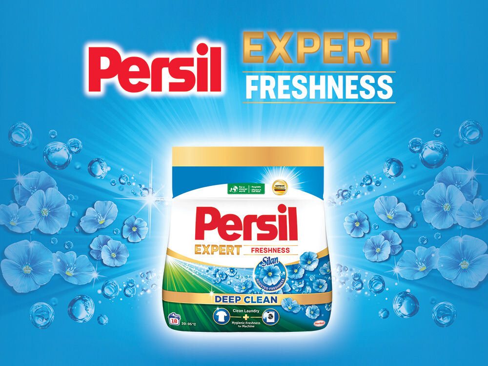 Proszek do prania PERSIL Reklama proszku Persil Expert Freshness. Opakowanie proszku w torebce na tle niebieskiego nieba, bąbelków i kwiatów. Nad nagłówkiem: Persil Expert Freshness widoczne logo Silan i informacja Deep Clean Laundry