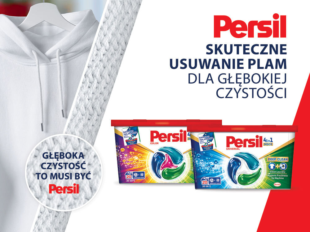 Kapsułki do prania PERSIL Reklama kapsułek Persil. Po lewej stronie powieszona na wieszaku biała bluza z widoczną fakturą dzianiny. W okręgu tekst: Głęboka czystość to musi być Persil. Po prawej dwa opakowania kapsułek Persil 4in1 Discs. Nagłówek: 