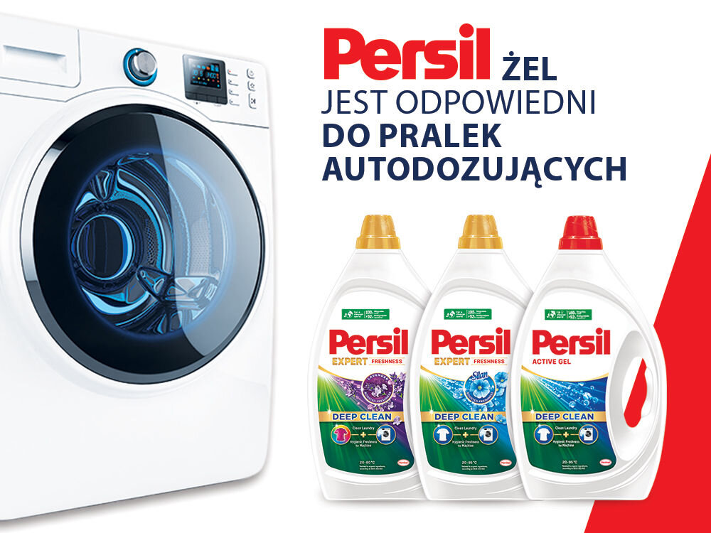 Żel do prania Reklama Persil. Po lewej stronie nowoczesna pralka automatyczna z otwartymi drzwiczkami. Po prawej, na czerwono-białym tle, trzy butelki żelu Persil: Expert Freshness (złota zakrętka), Expert Freshness (niebieska zakrętka) i Active Gel (czerwona zakrętka). Tekst w nagłówku głosi: Persil Żel Jest odpowiedni do pralek autodozujących.