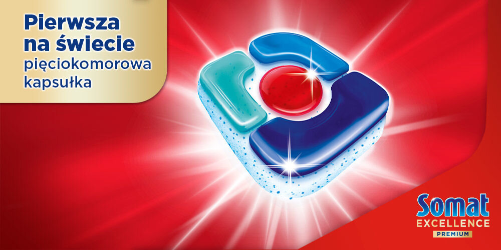 Tabletki do zmywarek SOMAT Excellence Premium 5w1 - 42 szt. Grafika na czerwonym tle z promieniującym blaskiem. Centralnym punktem jest powiększone ujęcie niebiesko-czerwono-zielonej pierwszej na świecie pięciokomorowej kapsułki Somat Excellence Premium. Napis w lewym górnym rogu: Pierwsza na świecie pięciokomorowa kapsułka