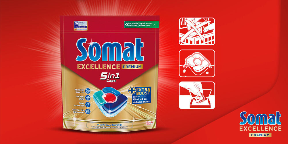 Tabletki do zmywarek SOMAT Excellence Premium 5w1 - 42 szt. Opakowanie kapsułek Somat Excellence Premium na czerwonym tle. Po prawej trzy ikony pokazujące użycie: brudne naczynia w koszu, włożenie kapsułki do dozownika, czyste, błyszczące naczynia. Na opakowaniu główne korzyści w języku angielskim: Removes burnstains, Brilliant shine, Glass protection, Care for the dishwasher.