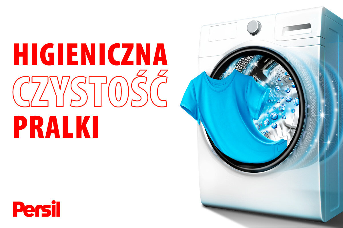 Obraz przedstawia pralkę z niebieską koszulką i bąbelkami w bębnie. Po lewej stronie widnieje tekst: \'HIGIENICZNA CZYSTOŚĆ PRALKI\', a na dole logo Persil.