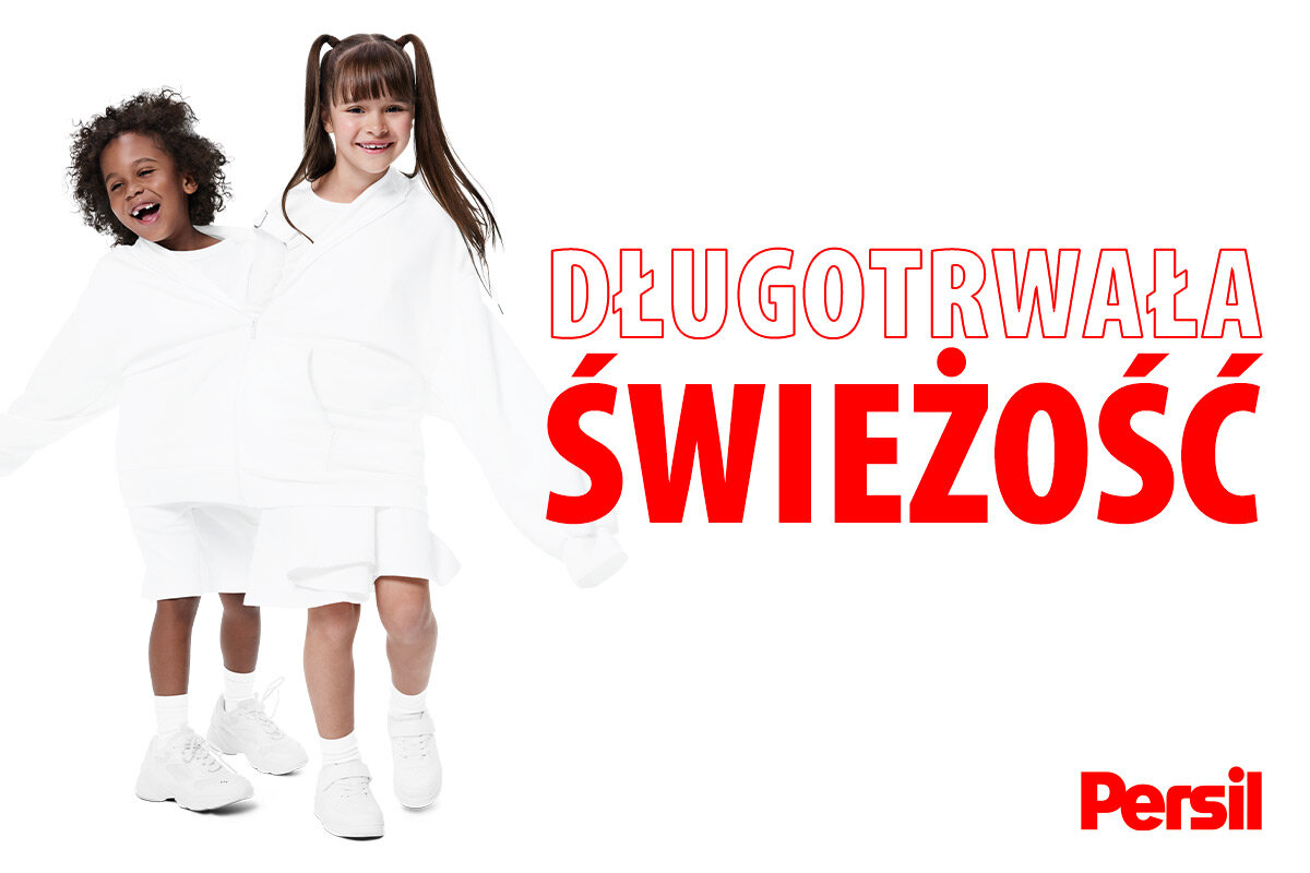 Żel do prania PERSIL Deep Clean Expert Sensitive 2250 ml do białych tkanin na zdjęciu na białym tle widoczne dwie dziewczynki w białych ubrankach obok napis : długotrwała świeżość i logo Persil w dolnym rogu