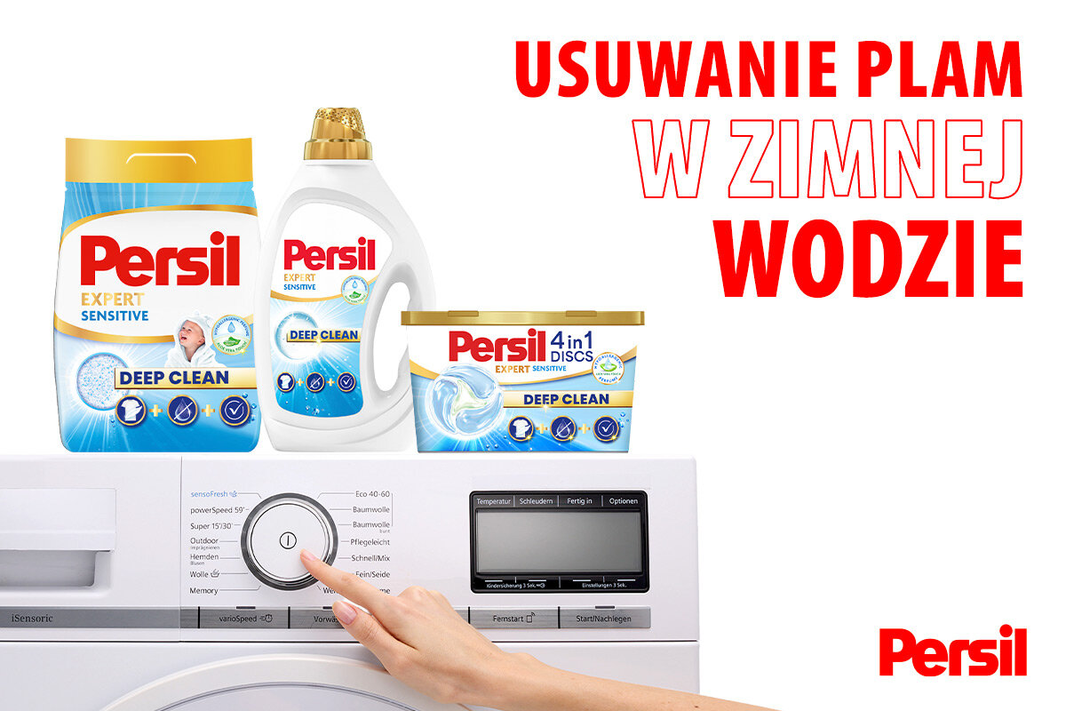 Żel do prania PERSIL Deep Clean Expert Sensitive 2250 ml do białych tkanin na białym tle widoczny panel pralki z zaznaczonymi programami na której stoją różne produkty do prania marki Persil obok napis usuwanie plam w zimnej wodzie i w dolnym roku logo Persil