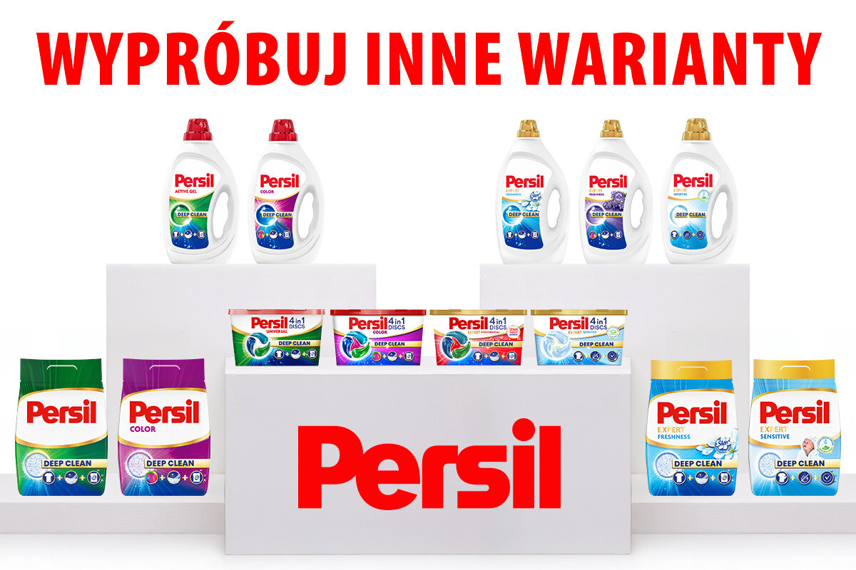 Żel do prania PERSIL Deep Clean Expert Sensitive 2250 ml do białych tkanin na białym tle pięć podestów z umieszczonymi innymi wariantami do prania marki Persil
