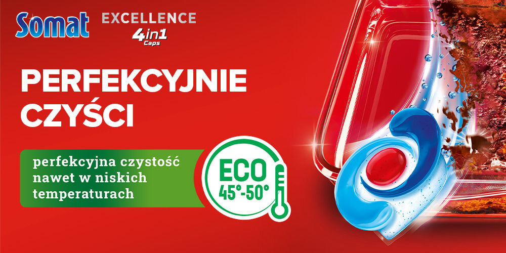 Kapsułki do zmywarki SOMAT Excellence 4w1 - 30 szt. Reklama Somat Excellence 4in1 na czerwonym tle z wizualizacją czyszczenia brudu. Hasło przewodnie: PERFEKCYJNIE CZYŚCI. Podkreślenie skuteczności: perfekcyjna czystość nawet w niskich temperaturach