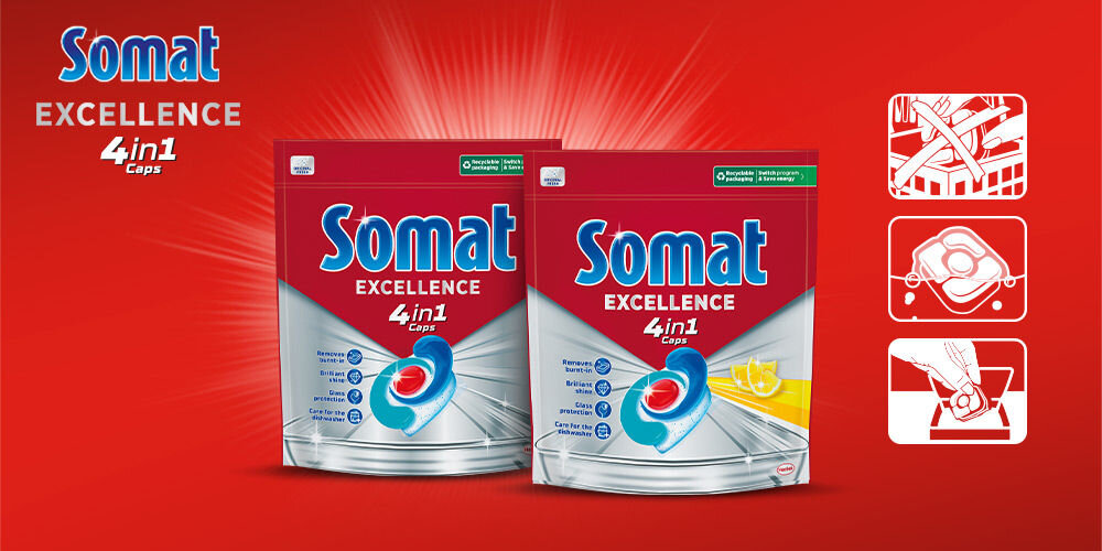 Kapsułki do zmywarki SOMAT Excellence 4w1 - 30 szt. Dwa opakowania kapsułek Somat Excellence 4in1 Caps na czerwonym tle. Po prawej trzy ikony pokazujące użycie: brudne naczynia w koszu, włożenie kapsułki do dozownika, czyste, błyszczące naczynia