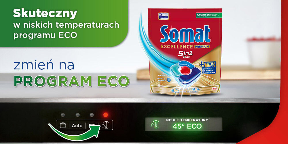 Tabletki do zmywarek SOMAT Excellence Premium 5w1 - 24 szt. Reklama kapsułek Somat Excellence Premium na tle panelu sterowania zmywarki. Informacja o możliwości mycia w programie 45° ECO. Napis: Skuteczny w niskich temperaturach programu ECO zmień na PROGRAM ECO