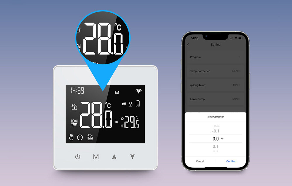Obraz przedstawia inteligentny termostat z wyświetlaczem pokazującym temperaturę 28°C oraz smartfon z aplikacją do ustawiania temperatury. Na wyświetlaczu termostatu widoczne są ikony takie jak zegar, Wi-Fi i temperatura pokojowa.