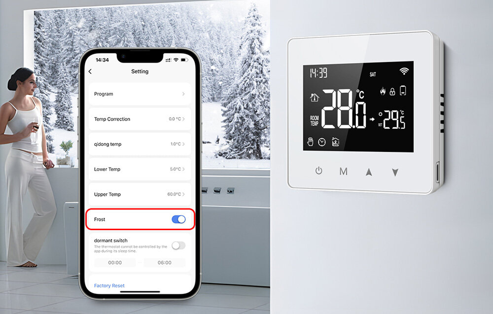 Na obrazie widać inteligentny termostat zamontowany na ścianie, wyświetlający temperaturę 28°C. Obok znajduje się smartfon z otwartą aplikacją ustawień, gdzie widoczna jest opcja \'Frost\' z przełącznikiem w pozycji włączonej.