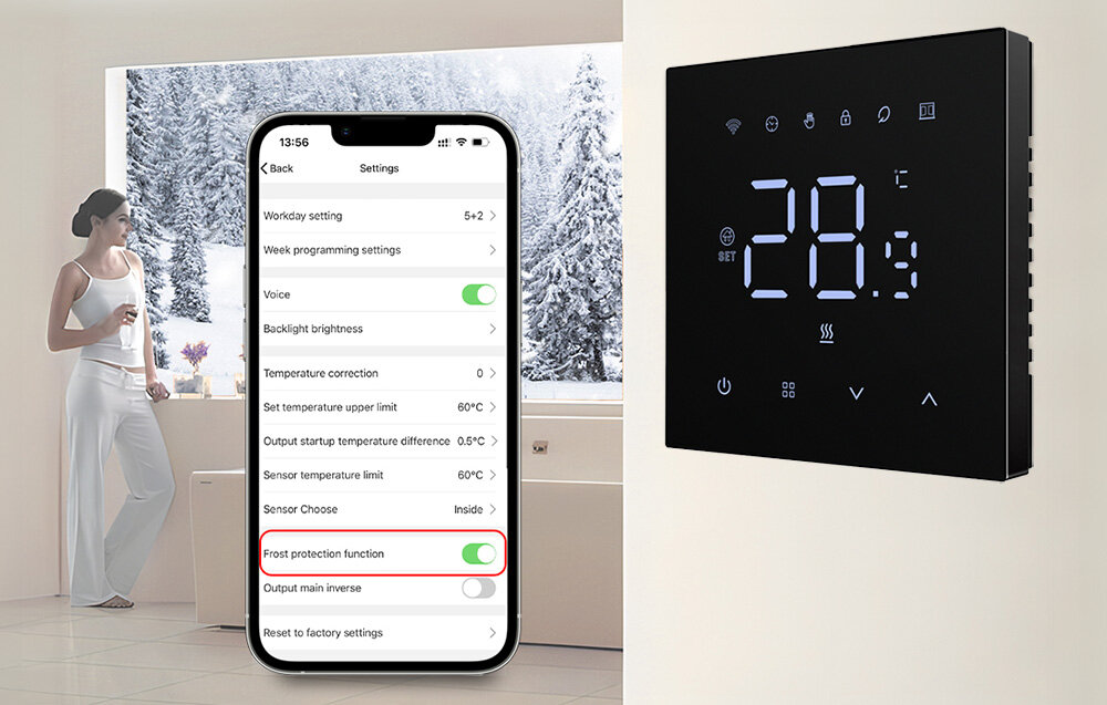 Obraz przedstawia inteligentny termostat z wyświetlaczem pokazującym temperaturę 28,9 stopni oraz ekran smartfona z ustawieniami termostatu, w tym funkcją ochrony przed mrozem. W tle widoczna jest osoba stojąca przy oknie z widokiem na zaśnieżony krajobraz.