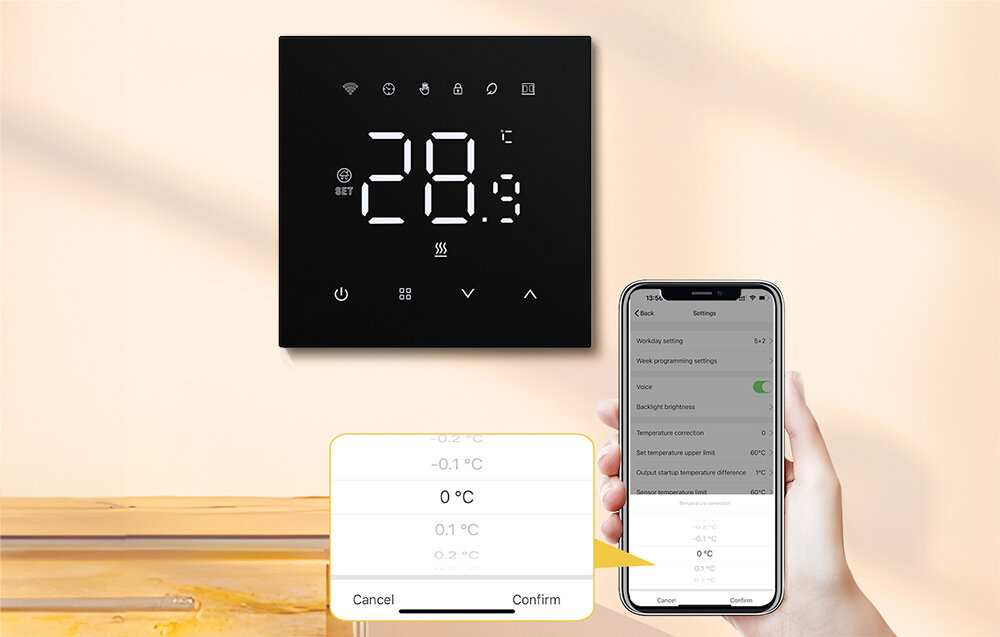Na obrazie widoczny jest czarny panel termostatu z wyświetlaczem pokazującym temperaturę 28 stopni oraz ikonami funkcji. Obok znajduje się smartfon z aplikacją do sterowania termostatem, na ekranie widoczne są ustawienia temperatury i przyciski \'Cancel\' oraz \'Confirm\'.