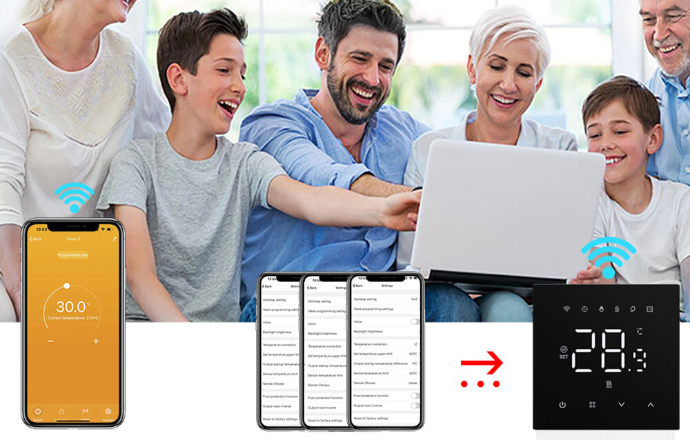 Grupa osób siedzi razem, patrząc na laptopa, obok widoczne są smartfony z aplikacją do sterowania temperaturą oraz czarny panel z wyświetlaczem pokazującym \'28\'.