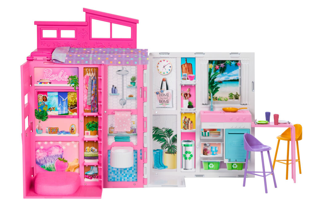 Domek Barbie Fashionistas HRJ76 4 obszary zabawy 11 akcesoriów 2 krzesła ręczniczek kocyk 