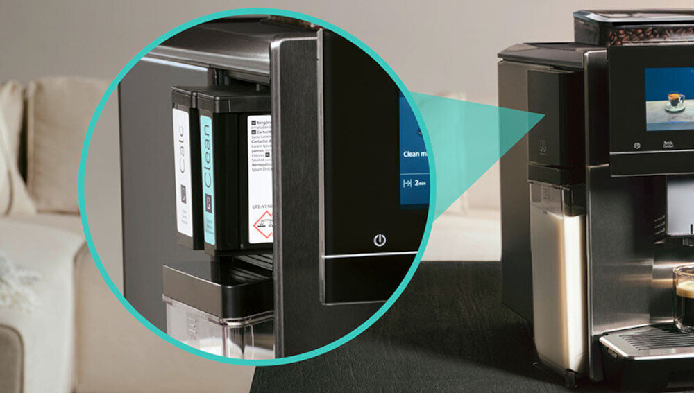 Ekspres SIEMENS TQ905RZ5 EQ900 Plus Srebrny (Cold Brew) Zintegrowane kartridże moc automatyczne czyszczenie odkamienianie wkłady żywotność higiena wygoda kawa