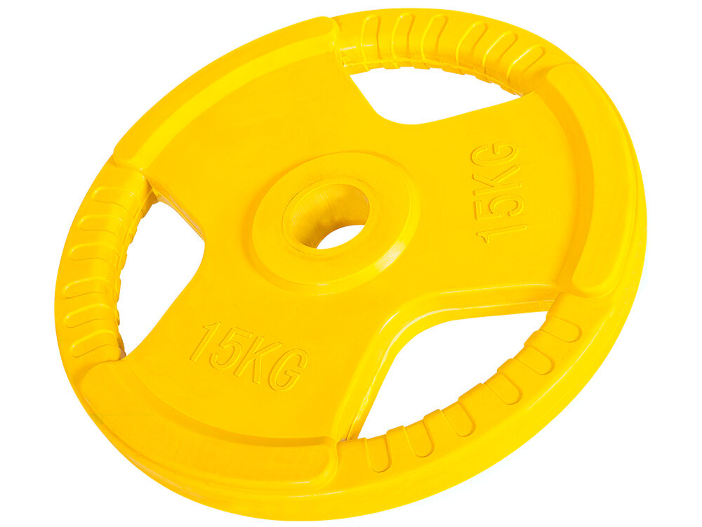 Obciążenie GORILLA SPORTS Grip 51 (15 kg) Żółty obciążenie na białym tle o wadze 15 kg do treningu siłowego ze sztangą, gryfem prostym i łamanym do ćwiczeń izolowanych i ogólnorozwojowych budujesz siłę, wytrzymałość i technikę bez przeciążania stawów w domowej siłowni i klubie fitness