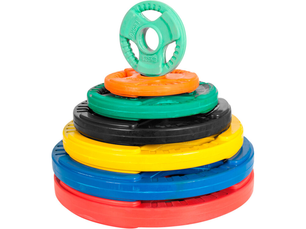 Obciążenie GORILLA SPORTS Grip 51 (15 kg) Żółty drewniana podłoga zestaw obciążeń ustawionych jedno na drugim wnętrze wykonane z żeliwa zewnętrzna warstwa z mieszanki 50% kauczuku naturalnego i 50% gumy z recyklingu chroni podłogę, tłumi hałas zmniejsza ryzyko uszkodzeń sprzętu odporny na ścieranie i nie kruszy się z upływem czasu