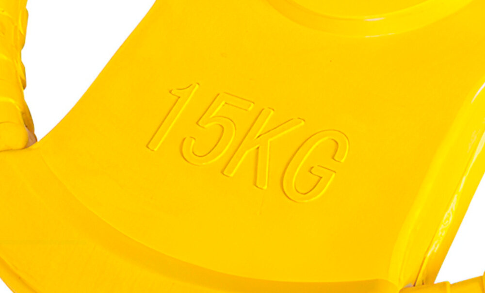 Obciążenie GORILLA SPORTS Grip 51 (15 kg) Żółty białe tło zbliżenie na oznaczenie wagi wyraźne oznaczenie masy na powierzchni otwór 51 mm pasuje do popularnych gryfów sprzyja skupieniu na technice i pomaga ćwiczyć regularnie