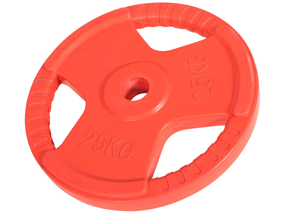 Obciążenie GORILLA SPORTS Grip 51 (25 kg) Czerwony obciążenie na białym tle o wadze 25 kg do treningu siłowego ze sztangą, gryfem prostym i łamanym do ćwiczeń izolowanych i ogólnorozwojowych budujesz siłę, wytrzymałość i technikę bez przeciążania stawów w domowej siłowni i klubie fitness