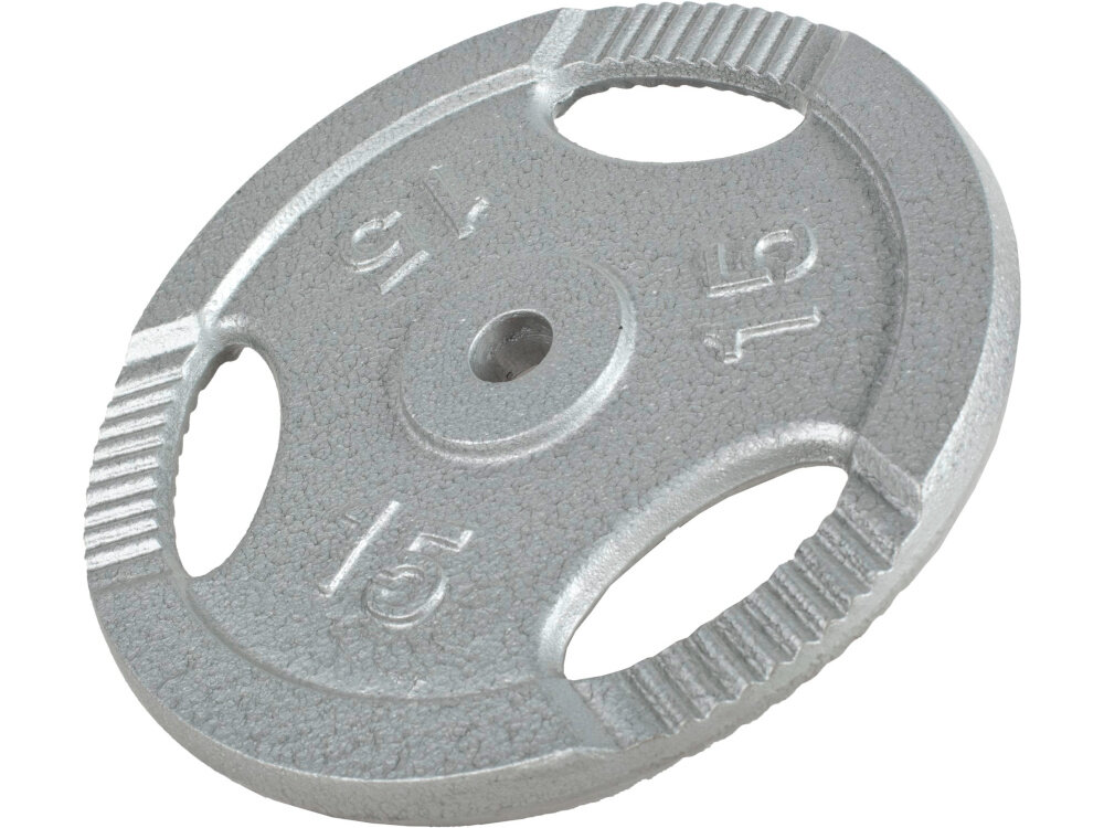 Obciążenie GORILLA SPORTS Grip (15 kg) obciążenie na białym tle widoczne od przodu pod skosem o wadze 15 kg do treningu siłowego ze sztangą, gryfem prostym i łamanym do ćwiczeń izolowanych i ogólnorozwojowych budujesz siłę, wytrzymałość i technikę bez przeciążania stawów w domowej siłowni i klubie fitness