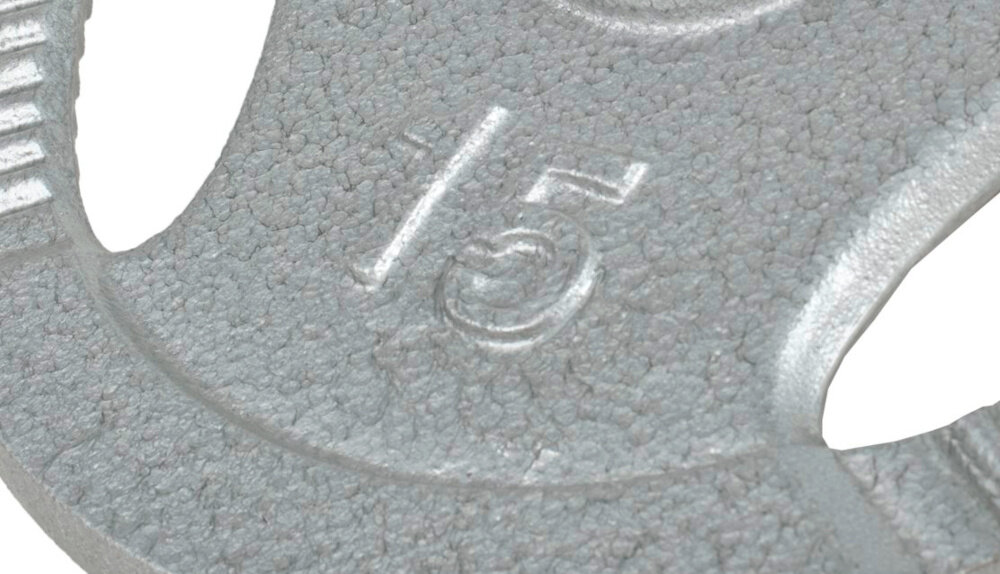 Obciążenie GORILLA SPORTS Grip (15 kg) obciążenie na białym tle zbliżenie na  oznaczenie wagi wyraźne oznaczenie masy na powierzchni twór 30/31 mm pasuje do popularnych gryfów sprzyja skupieniu na technice i pomaga ćwiczyć regularnie