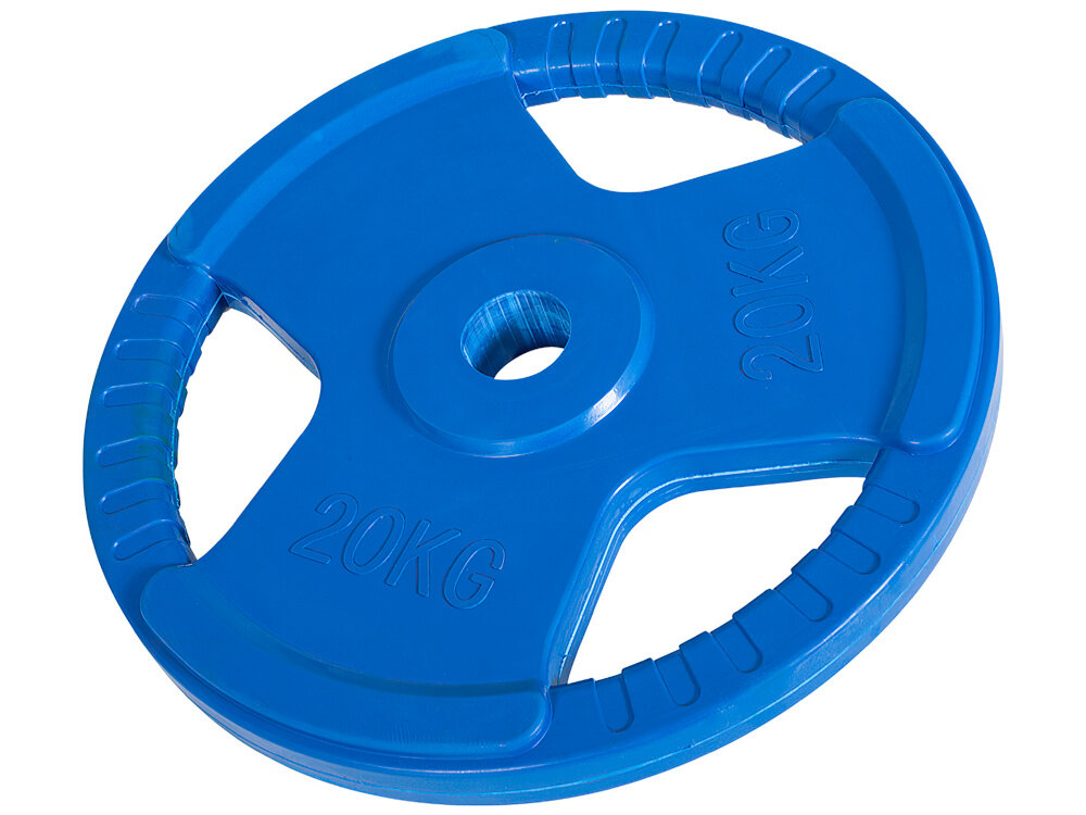 Obciążenie GORILLA SPORTS Grip 51 (20 kg) Niebieski obciążenie na białym tle o wadze 20 kg do treningu siłowego ze sztangą, gryfem prostym i łamanym do ćwiczeń izolowanych i ogólnorozwojowych budujesz siłę, wytrzymałość i technikę bez przeciążania stawów w domowej siłowni i klubie fitness