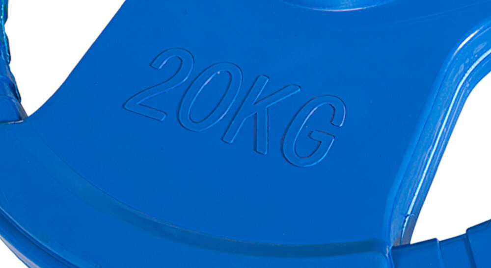 Obciążenie GORILLA SPORTS Grip 51 (20 kg) Niebieski białe tło zbliżenie na oznaczenie wagi wyraźne oznaczenie masy na powierzchni otwór 51 mm pasuje do popularnych gryfów sprzyja skupieniu na technice i pomaga ćwiczyć regularnie