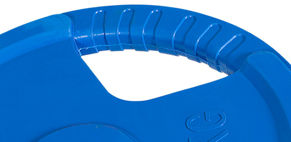 Obciążenie GORILLA SPORTS Grip 30 (20 kg) Niebieski zbliżenie na jedne z uchwytów białe tło specjalne, trzy ergonomiczne uchwyty wygodne przenoszenie i szybkie zakładanie krążków na gryf jak hantli zwiększa liczbę zastosowań jednego elementu ogranicza ślizganie dłoni poprawia kontrolę ruchu