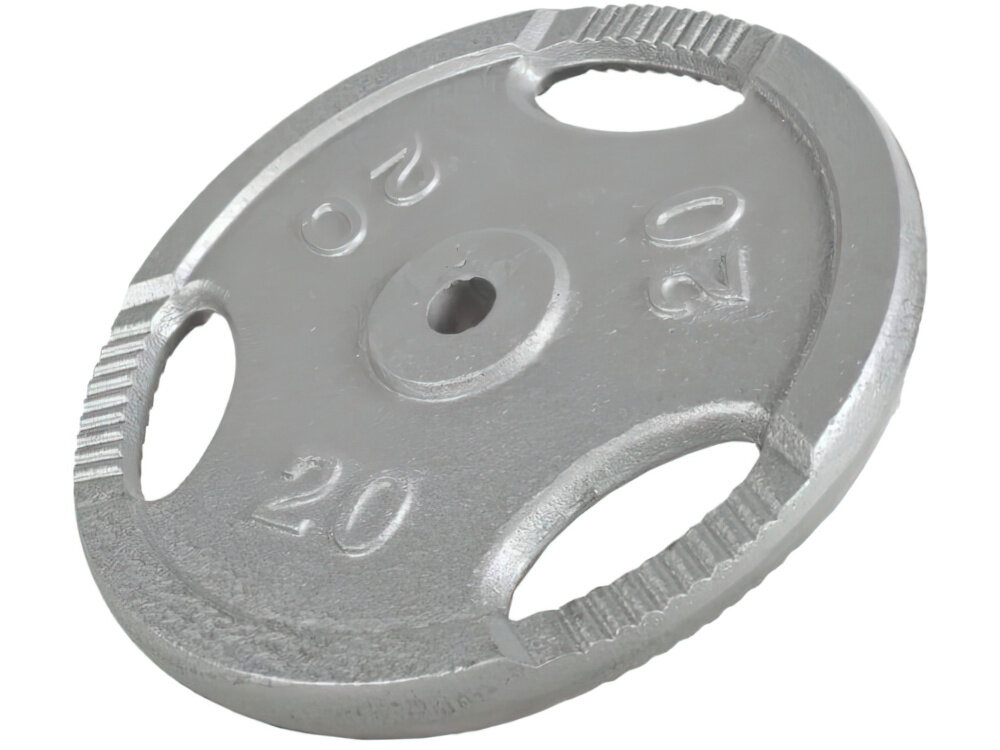 Obciążenie GORILLA SPORTS Grip (20 kg) obciążenie na białym tle widoczne od przodu pod skosem o wadze 20 kg do treningu siłowego ze sztangą, gryfem prostym i łamanym do ćwiczeń izolowanych i ogólnorozwojowych budujesz siłę, wytrzymałość i technikę bez przeciążania stawów w domowej siłowni i klubie fitness