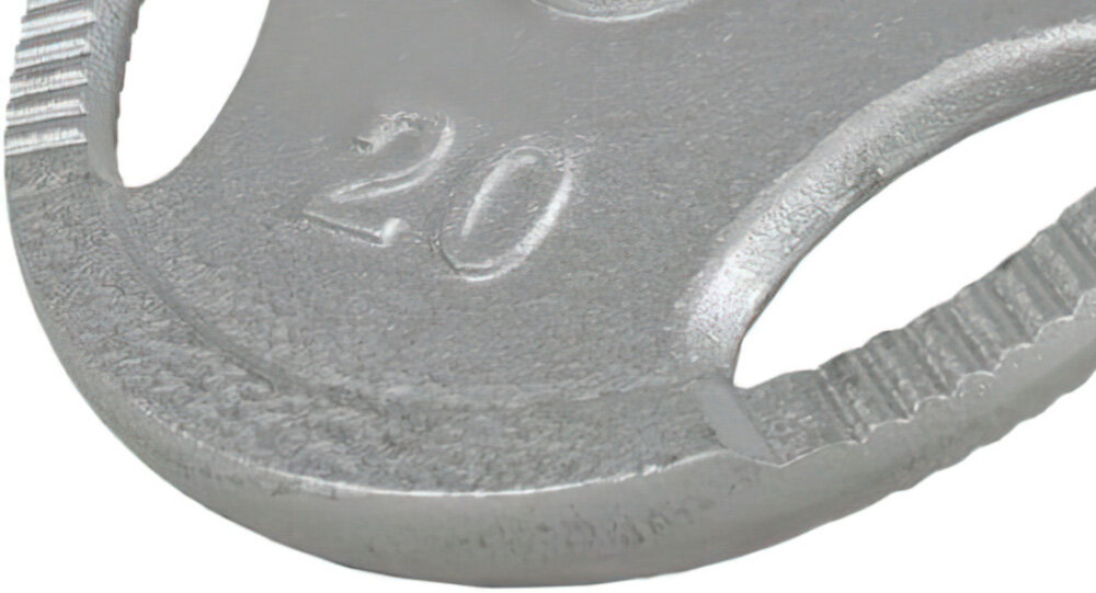 Obciążenie GORILLA SPORTS Grip (20 kg) obciążenie na białym tle zbliżenie na  oznaczenie wagi wyraźne oznaczenie masy na powierzchni twór 30/31 mm pasuje do popularnych gryfów sprzyja skupieniu na technice i pomaga ćwiczyć regularnie