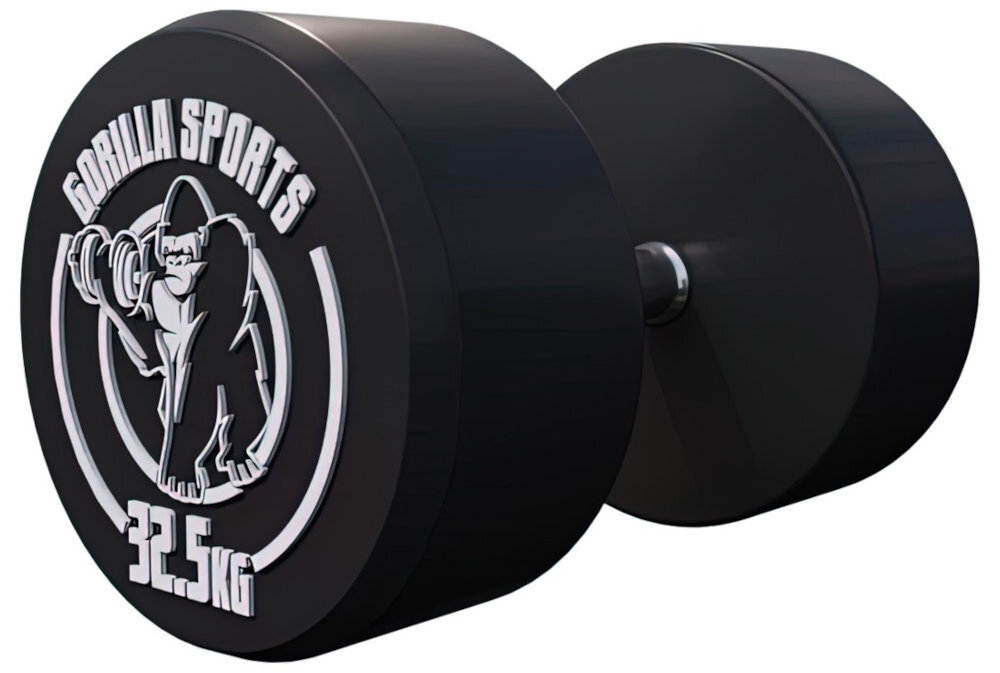 Hantla GORILLA SPORTS od 2,5 kg do 35 kg poziomu zaawansowania celów treningowych ćwiczeniach rehabilitacyjnych, rozgrzewkach czy treningach wytrzymałościowych intensywną pracę nad siłą i masą mięśniową - hantla od boku na białym tle