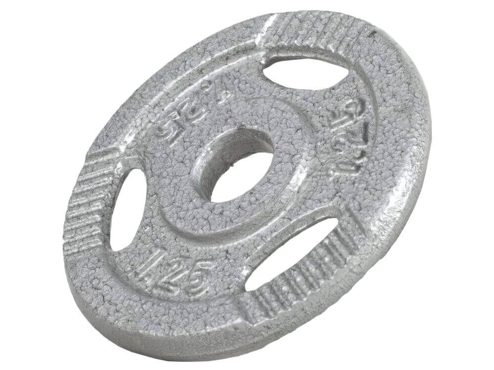 Obciążenie GORILLA SPORTS Grip (1.25 kg) obciążenie na białym tle widoczne od przodu pod skosem o wadze 1,25 kg do treningu siłowego ze sztangą, gryfem prostym i łamanym do ćwiczeń izolowanych i ogólnorozwojowych budujesz siłę, wytrzymałość i technikę bez przeciążania stawów w domowej siłowni i klubie fitness