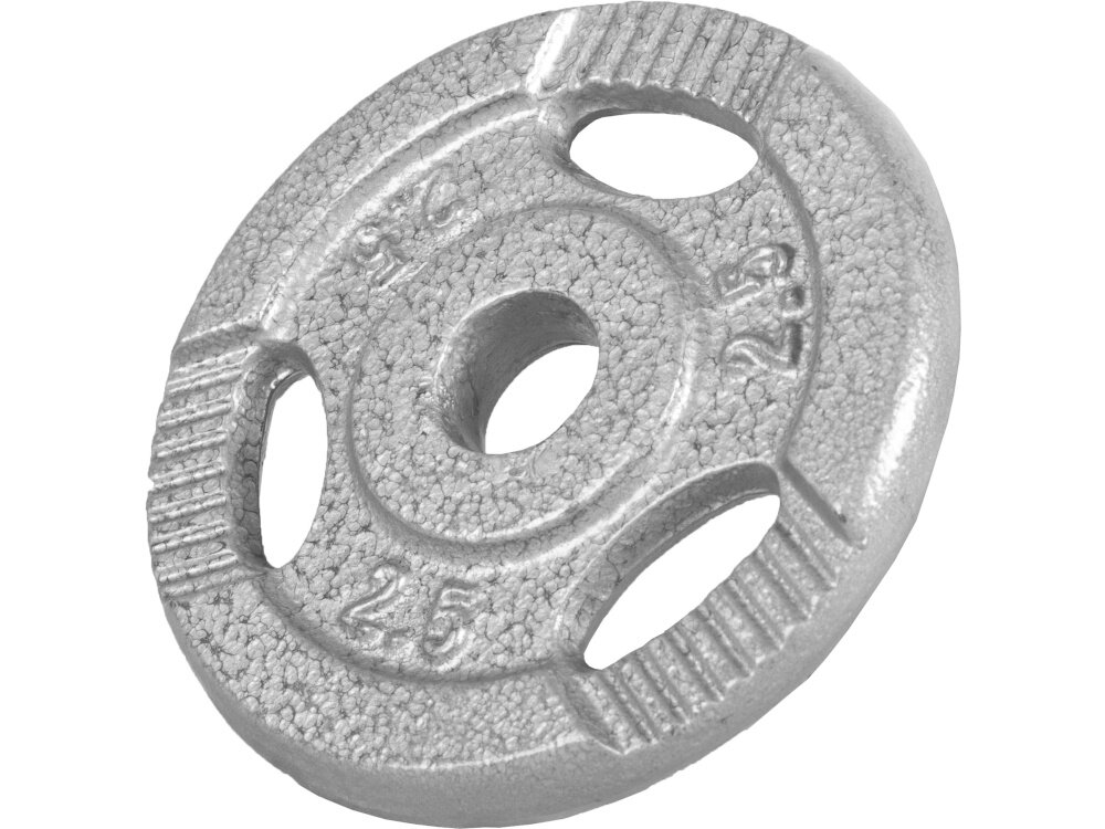 Obciążenie GORILLA SPORTS Grip (2,5 kg) obciążenie na białym tle widoczne od przodu pod skosem o wadze 2,5 kg do treningu siłowego ze sztangą, gryfem prostym i łamanym do ćwiczeń izolowanych i ogólnorozwojowych budujesz siłę, wytrzymałość i technikę bez przeciążania stawów w domowej siłowni i klubie fitness