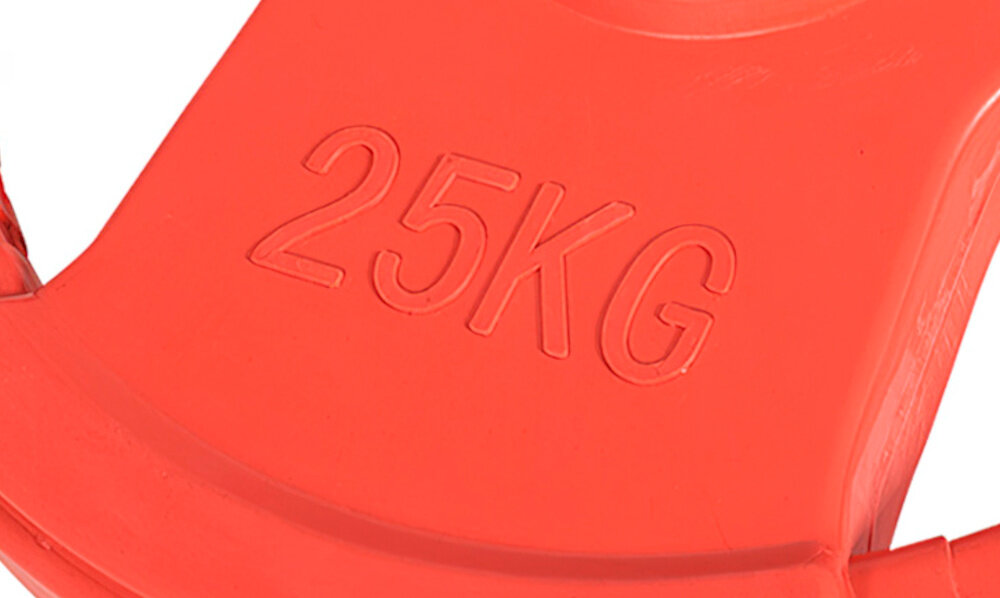 Obciążenie GORILLA SPORTS Grip 30 (25 kg) Czerwony białe tło zbliżenie na oznaczenie wagi wyraźne oznaczenie masy na powierzchni twór 30/31 mm pasuje do popularnych gryfów sprzyja skupieniu na technice i pomaga ćwiczyć regularnie