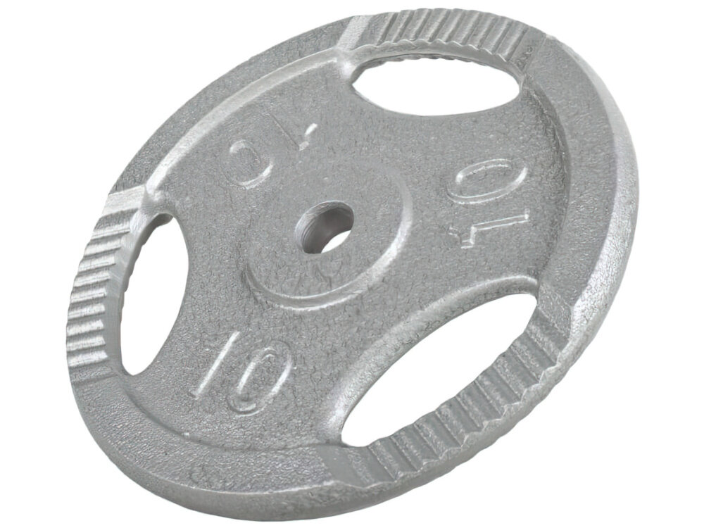 Obciążenie GORILLA SPORTS Grip (10 kg) obciążenie na białym tle widoczne od przodu pod skosem o wadze 10 kg do treningu siłowego ze sztangą, gryfem prostym i łamanym do ćwiczeń izolowanych i ogólnorozwojowych budujesz siłę, wytrzymałość i technikę bez przeciążania stawów w domowej siłowni i klubie fitness