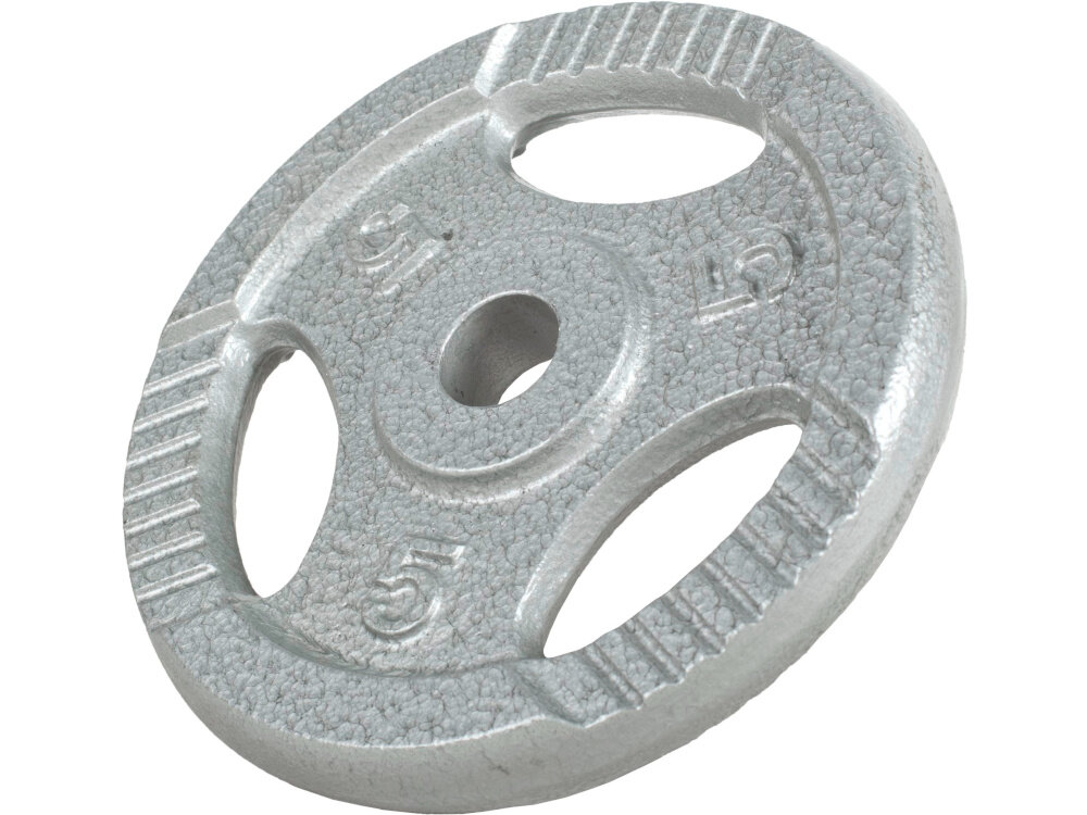 Obciążenie GORILLA SPORTS Grip (5 kg) obciążenie na białym tle widoczne od przodu pod skosem o wadze 5 kg do treningu siłowego ze sztangą, gryfem prostym i łamanym do ćwiczeń izolowanych i ogólnorozwojowych budujesz siłę, wytrzymałość i technikę bez przeciążania stawów w domowej siłowni i klubie fitness