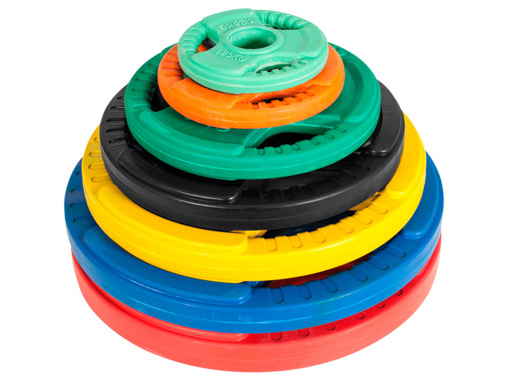 Obciążenie GORILLA SPORTS Grip 51 (2,5 kg) Pomarańczowy białe tło zestaw obciążeń ustawionych jedno na drugim dostępne warianty od 1,25 kg do 25 kg precyzyjne budowanie obciążenia wraz z postępami różne średnice i szerokości ułatwiają dopasowanie zestawu do potrzeb oraz przestrzeni elastyczny system treningowy