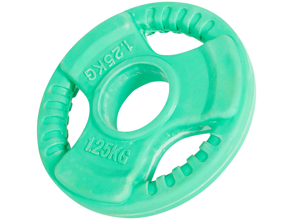 Obciążenie GORILLA SPORTS Grip 51 (1.25 kg) Miętowy obciążenie na białym tle o wadze 1,25 kg do treningu siłowego ze sztangą, gryfem prostym i łamanym do ćwiczeń izolowanych i ogólnorozwojowych budujesz siłę, wytrzymałość i technikę bez przeciążania stawów w domowej siłowni i klubie fitness