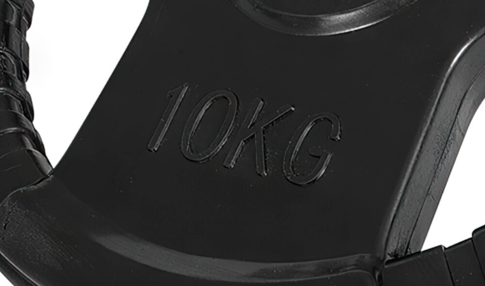 Obciążenie GORILLA SPORTS Grip 30 (10 kg) Czarny białe tło zbliżenie na oznaczenie wagi wyraźne oznaczenie masy na powierzchni twór 30/31 mm pasuje do popularnych gryfów sprzyja skupieniu na technice i pomaga ćwiczyć regularnie