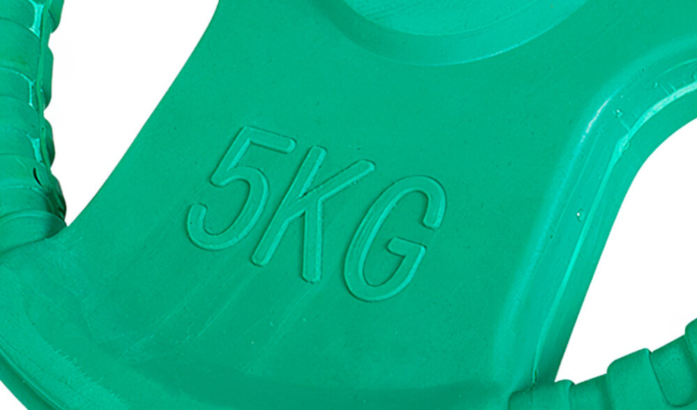 Obciążenie GORILLA SPORTS Grip 51 (5 kg) Zielony białe tło zbliżenie na oznaczenie wagi wyraźne oznaczenie masy na powierzchni otwór 51 mm pasuje do popularnych gryfów sprzyja skupieniu na technice i pomaga ćwiczyć regularnie