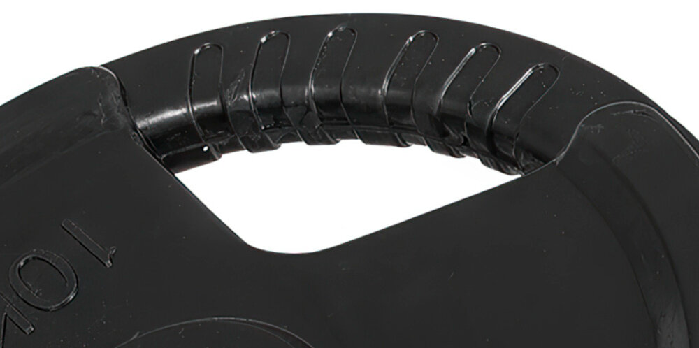 Obciążenie GORILLA SPORTS Grip 51 (10 kg) Czarny zbliżenie na jedne z uchwytów białe tło specjalne, trzy ergonomiczne uchwyty wygodne przenoszenie i szybkie zakładanie krążków na gryf jak hantli zwiększa liczbę zastosowań jednego elementu ogranicza ślizganie dłoni poprawia kontrolę ruchu