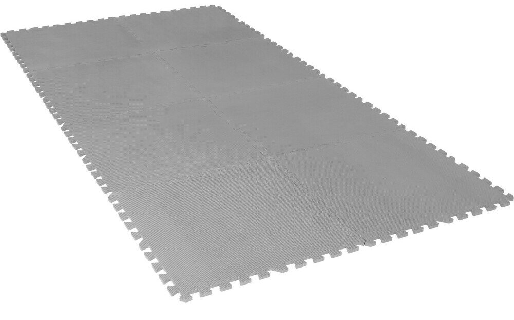 Mata pod sprzęt fitness GORILLA SPORTS 8 elementów o wymiarach 60 x 60 cm 120 x 180 cm Grubość 1,2 cm tłumi hałas chroni podłogę przed zadrapaniami oraz wgnieceniami odpornej na ścieranie pianki EVA antypoślizgowe, przyjazne dla skóry - mata na białym tle