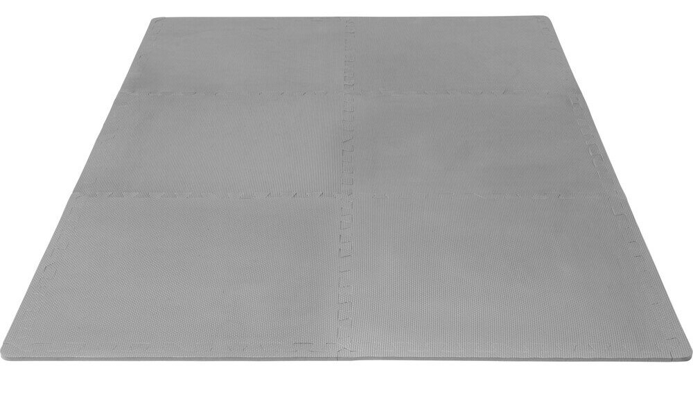 Mata pod sprzęt fitness GORILLA SPORTS 6 elementów o wymiarach 60 x 60 cm 120 x 180 cm Grubość 1,2 cm tłumi hałas chroni podłogę przed zadrapaniami oraz wgnieceniami odpornej na ścieranie pianki EVA antypoślizgowe, przyjazne dla skóry - mata na białym tle