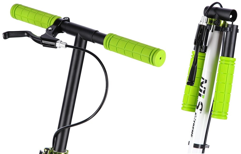 Hulajnoga NILS EXTREME HM0180 Zielony standardowa kierownica uchwyty antyposlizgowe miekki material regulowana wysokosc kierownicy w zakresie od 75 do 102 cm skladne uchwyty