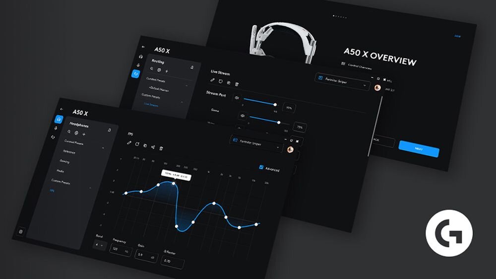 Słuchawki LOGITECH Astro A50 X z aplikacją G HUB na PC, iOS i Android, korektorem i ustawieniami mikrofonu, kadry z aplikacji na ciemnym tle