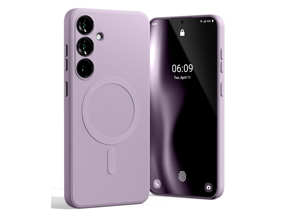 Liliowe etui na telefon z trzema otworami na aparaty i okrągłym wzorem na środku. Obok widoczny jest telefon z wyświetlaczem pokazującym godzinę 06:09 i datę Tue, April 11.